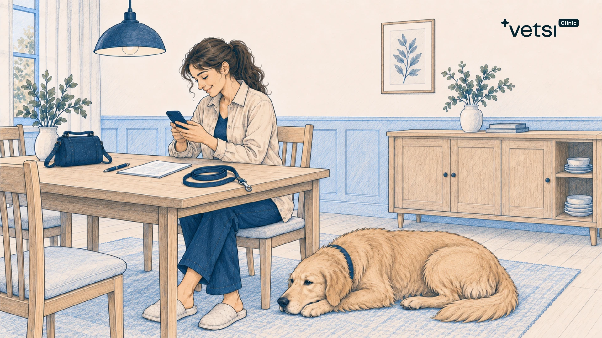 Opiekunka korzysta z telefonu przy drewnianym stole w jadalni. Na blacie leżą zalecenia z wizyty i smycz, a obok krzesła odpoczywa golden retriever.
